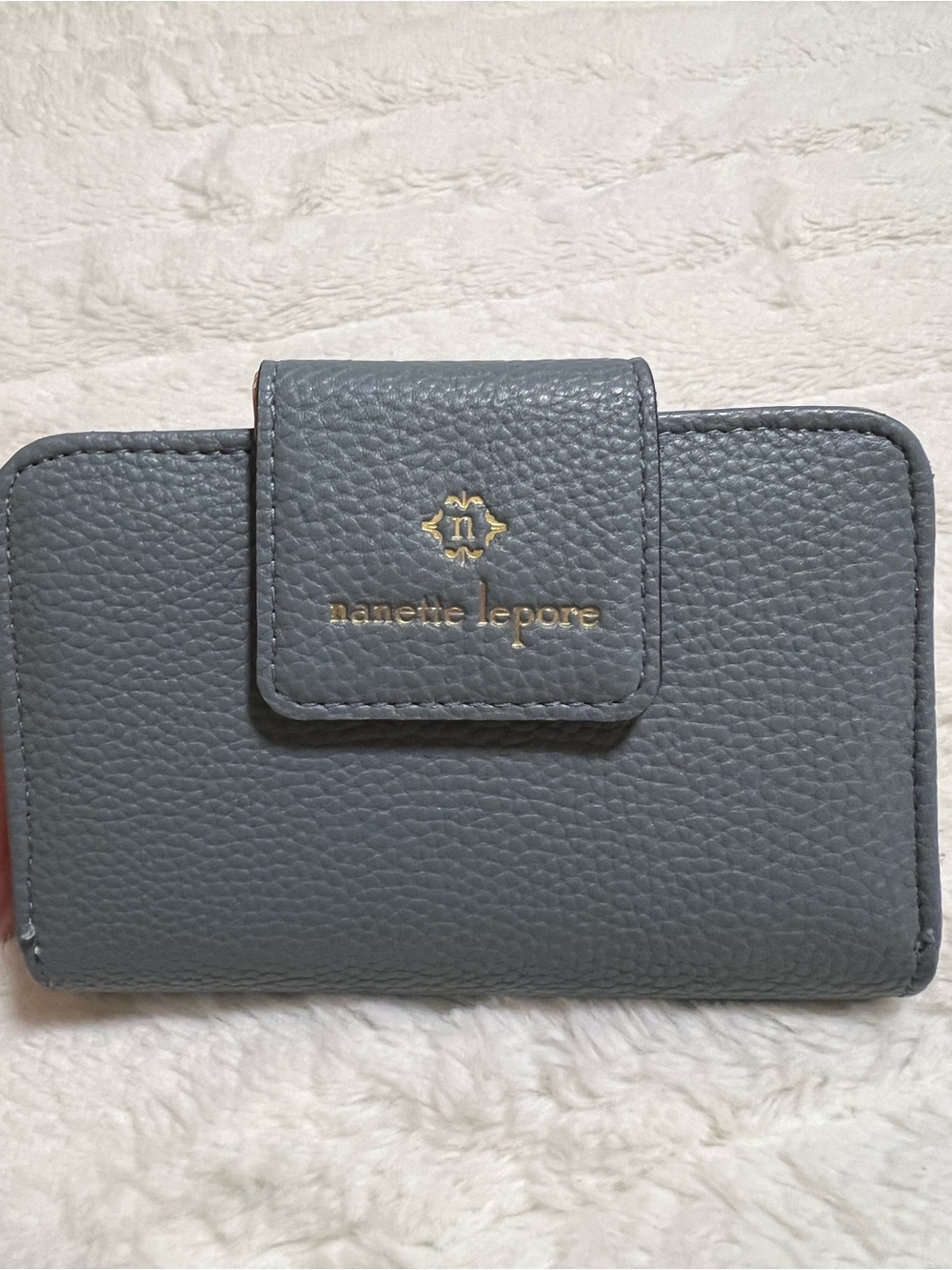 Nanette Lepore Gray Blue Pebble Leather Wallet Phone Case with Gold Logo